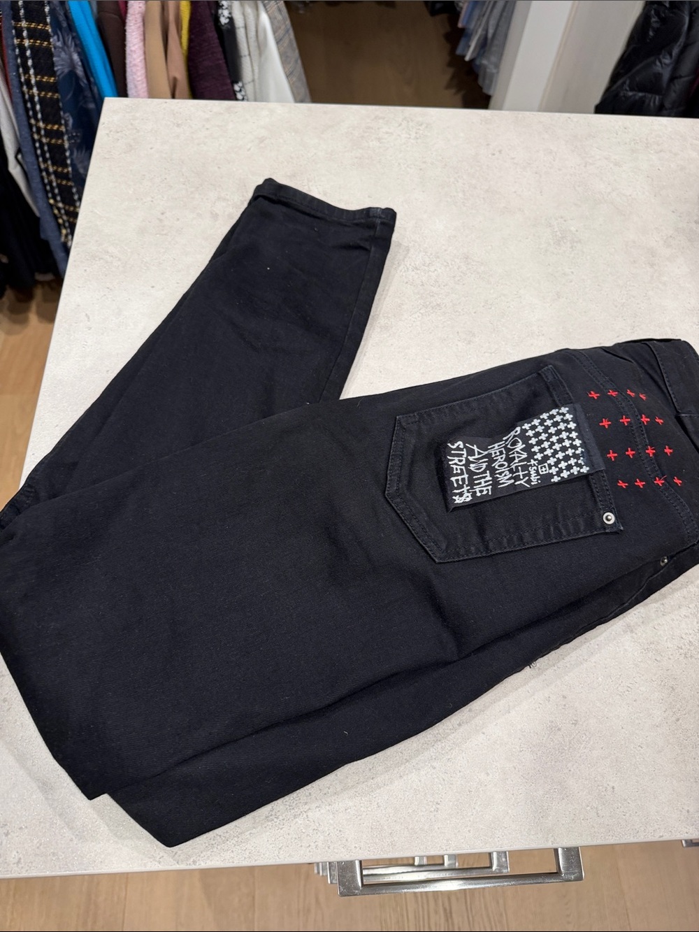 Ksubi Black Jeans with Printed Back Pocket & Red Stitch Accents